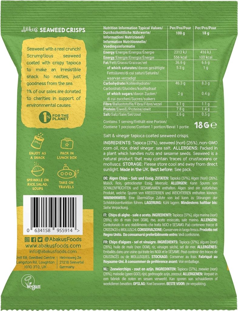 Abakus Seaweed Crisps - Salt  Vinegar 12 x 18g, Seaweed Snack, Nori Snack, Vegan, Gluten-Free, Healthy Snack, Source of Iodine