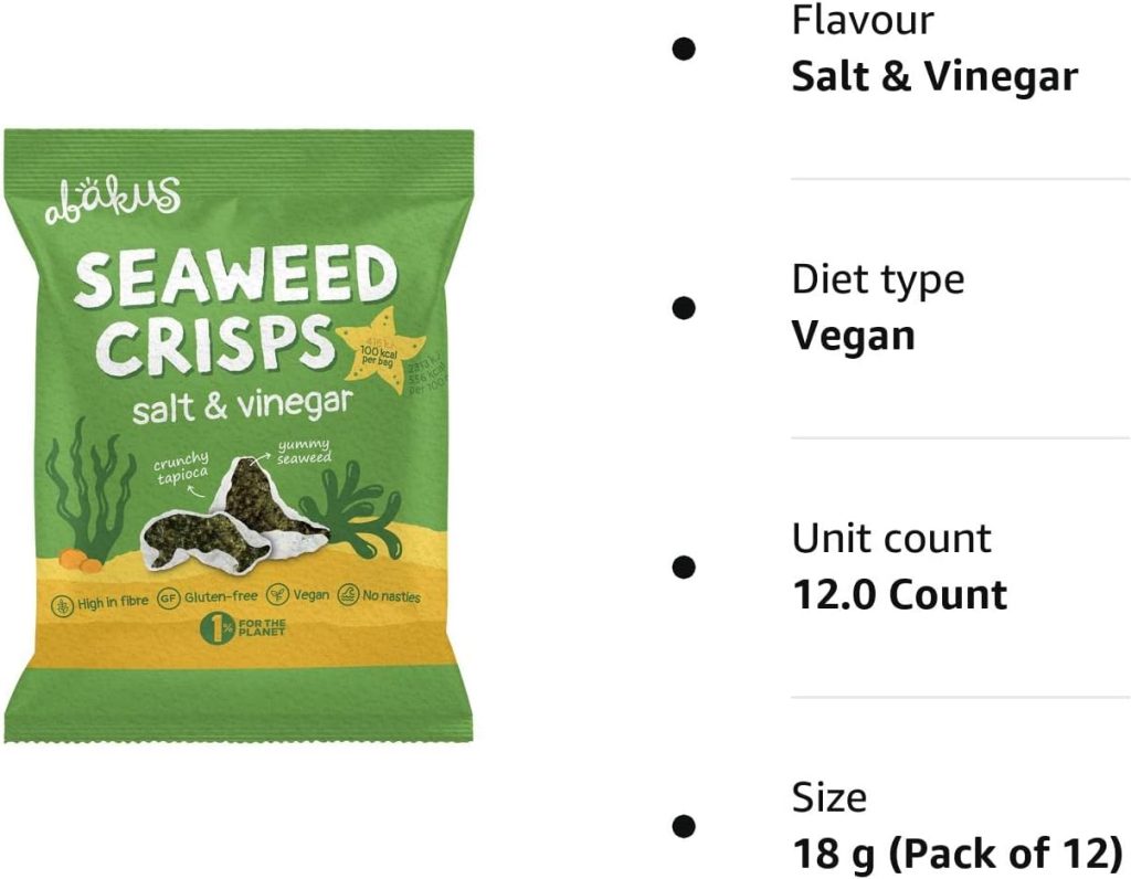 Abakus Seaweed Crisps - Salt  Vinegar 12 x 18g, Seaweed Snack, Nori Snack, Vegan, Gluten-Free, Healthy Snack, Source of Iodine