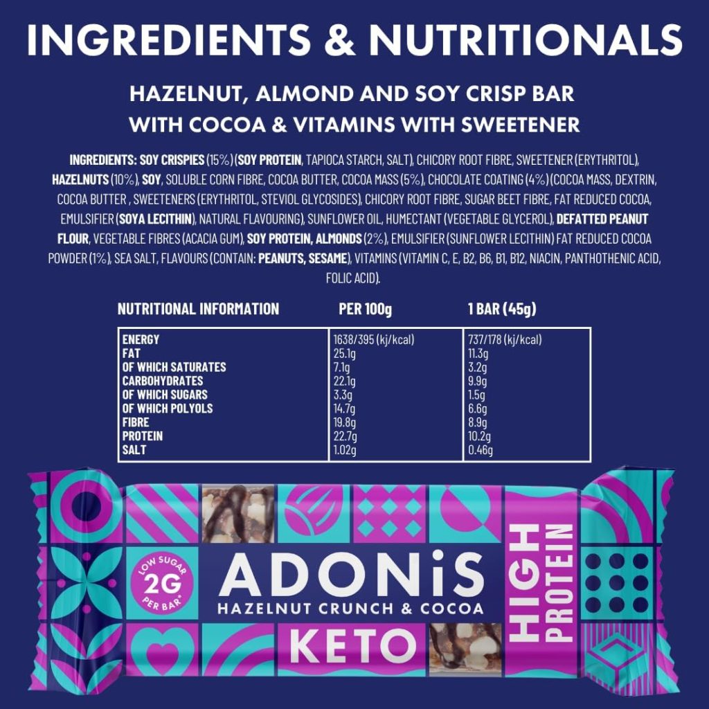 Adonis Hazelnut Crunch  Cocoa High Protein Keto Bars (16x45g) | Vegan  Keto-Friendly | 100% Natural Keto Snacks | Sugar Free, Palm Oil Free, Dairy Free | Low Sugar  Low Carb | Ideal for a Keto Diet