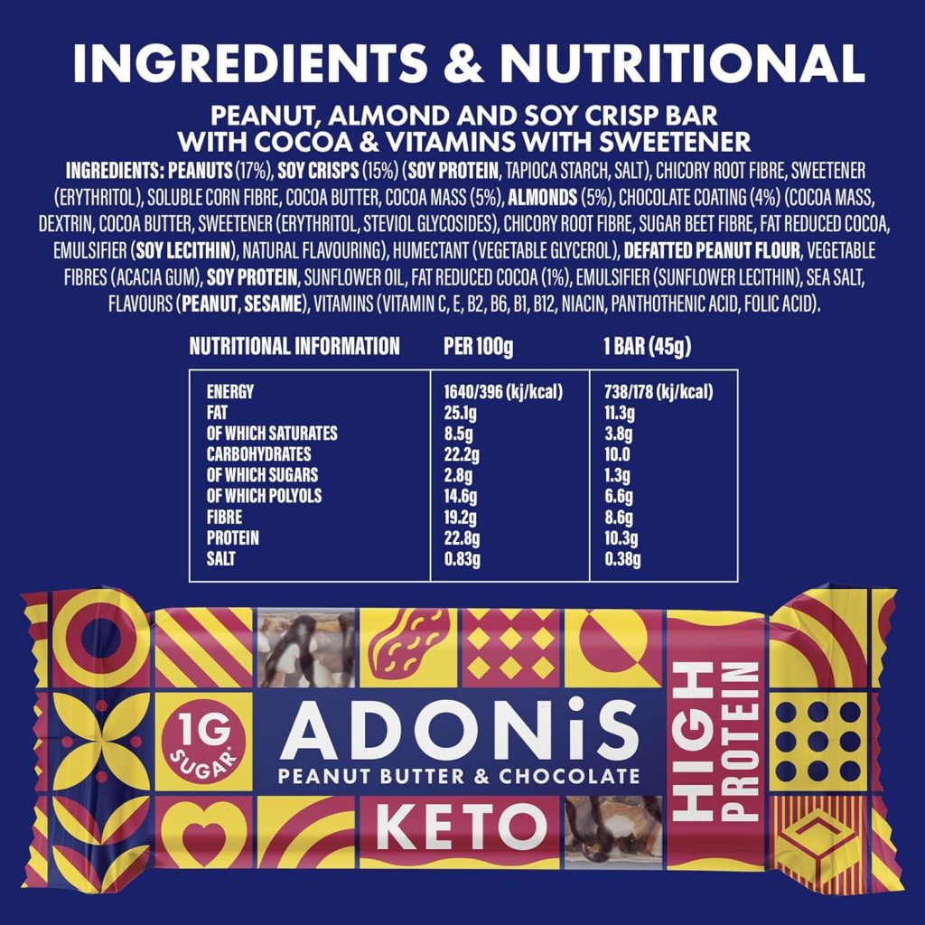 Adonis Hazelnut Crunch  Cocoa High Protein Keto Bars (16x45g) | Vegan  Keto-Friendly | 100% Natural Keto Snacks | Sugar Free, Palm Oil Free, Dairy Free | Low Sugar  Low Carb | Ideal for a Keto Diet