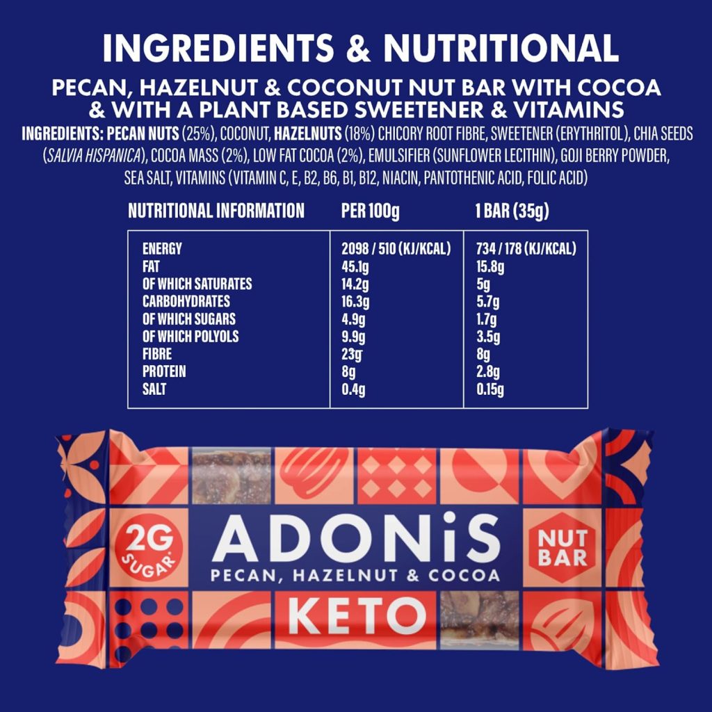 Adonis Pecan, Hazelnut  Cocoa Keto Bars (16x35g) | Vegan/Keto-Friendly | 100% Natural Keto Snacks | Gluten Free/Sugar Free/Palm Oil Free | Low Sugar, Low Calorie  Low Carb | Ideal for a Keto Diet