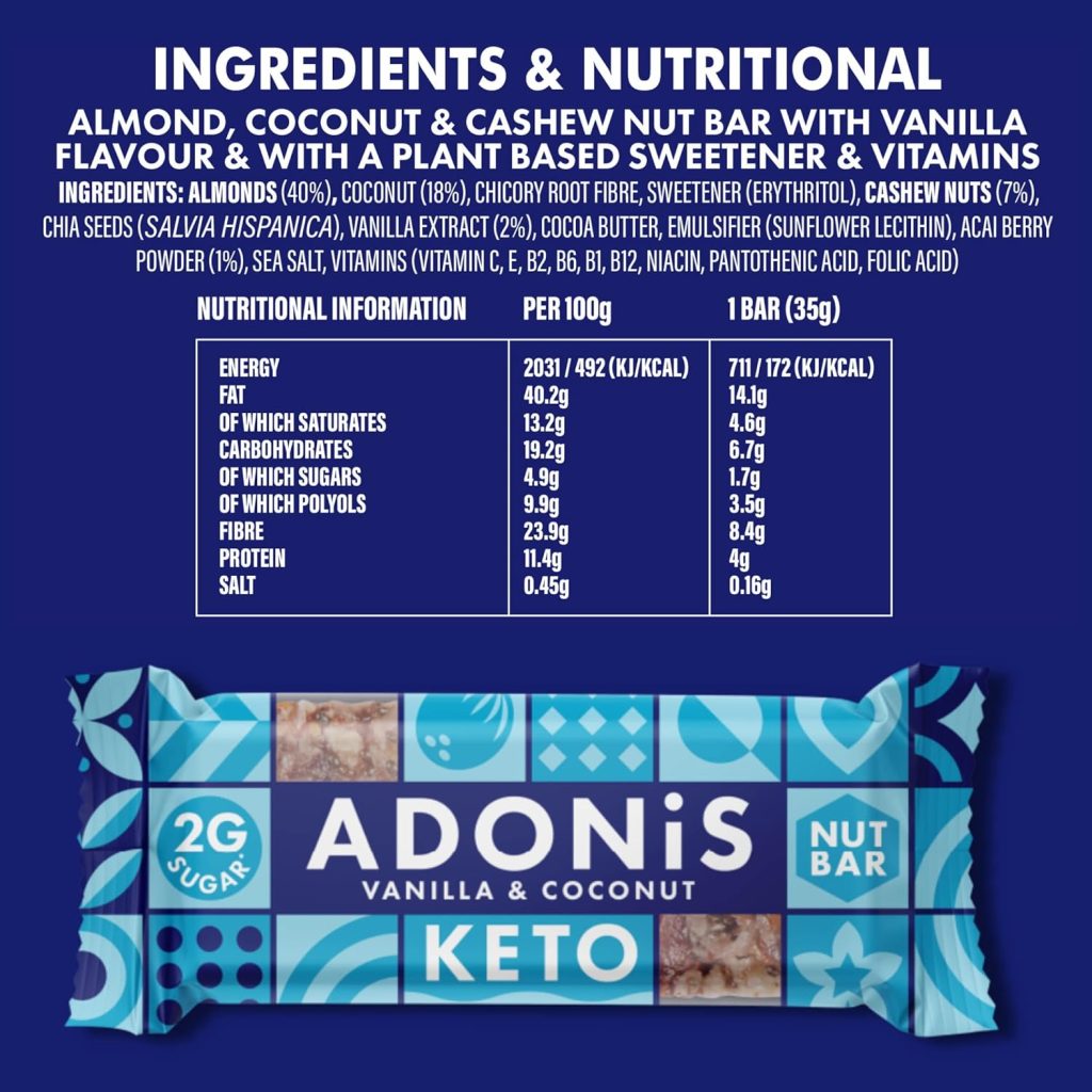 Adonis Vanilla  Coconut Keto Bars (16 x 35g) | Vegan/Keto-Friendly | 100% Natural Keto Snacks | Gluten Free, Sugar Free, Palm Oil Free | Low Sugar, Low Calorie  Low Carb | Ideal for a Keto Diet