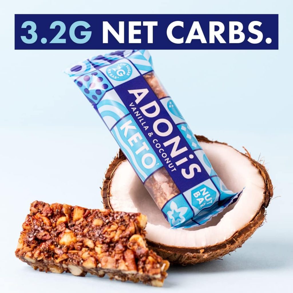 Adonis Vanilla  Coconut Keto Bars (16 x 35g) | Vegan/Keto-Friendly | 100% Natural Keto Snacks | Gluten Free, Sugar Free, Palm Oil Free | Low Sugar, Low Calorie  Low Carb | Ideal for a Keto Diet