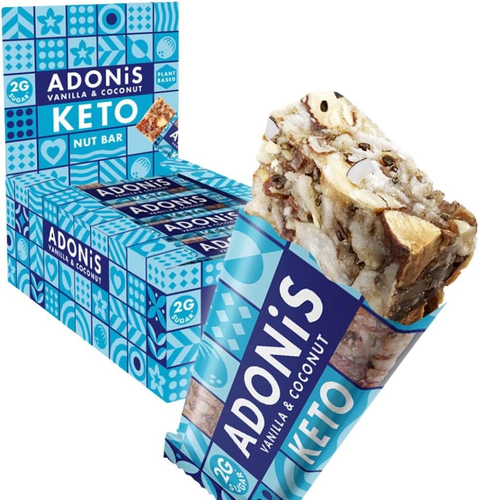 Adonis Vanilla  Coconut Keto Bars (16 x 35g) | Vegan/Keto-Friendly | 100% Natural Keto Snacks | Gluten Free, Sugar Free, Palm Oil Free | Low Sugar, Low Calorie  Low Carb | Ideal for a Keto Diet