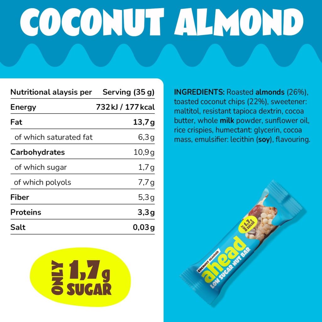 AHEAD Cereal Nut Bars 70% less Sugar* | Chocolate coated Keto Bars 0g added sugar - 12x35g - With Coconut, Almonds  Dark Chocolate - Gluten Free Keto Snacks for Diabetics