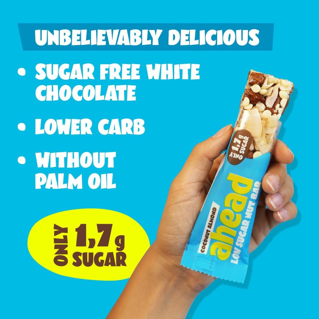 AHEAD Cereal Nut Bars 70% less Sugar* | Chocolate coated Keto Bars 0g added sugar - 12x35g - With Coconut, Almonds  Dark Chocolate - Gluten Free Keto Snacks for Diabetics