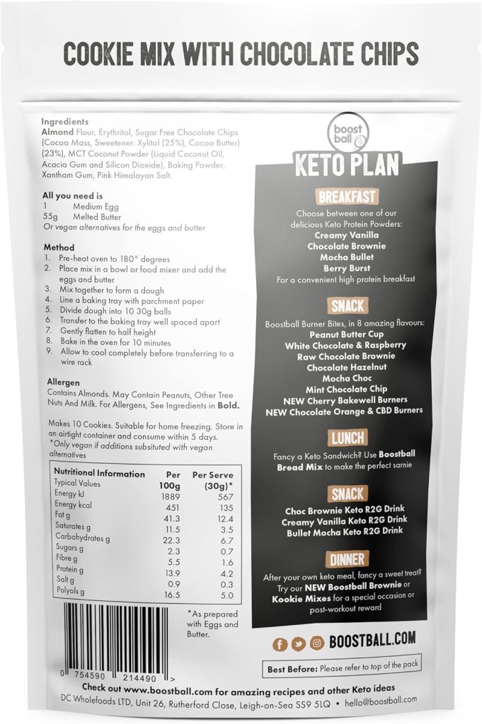 Boostballs Keto Chocolate Chip Cookie Mix, Vegan, Gluten Free, Natural, Low Sugar Cookie Mix, 225g