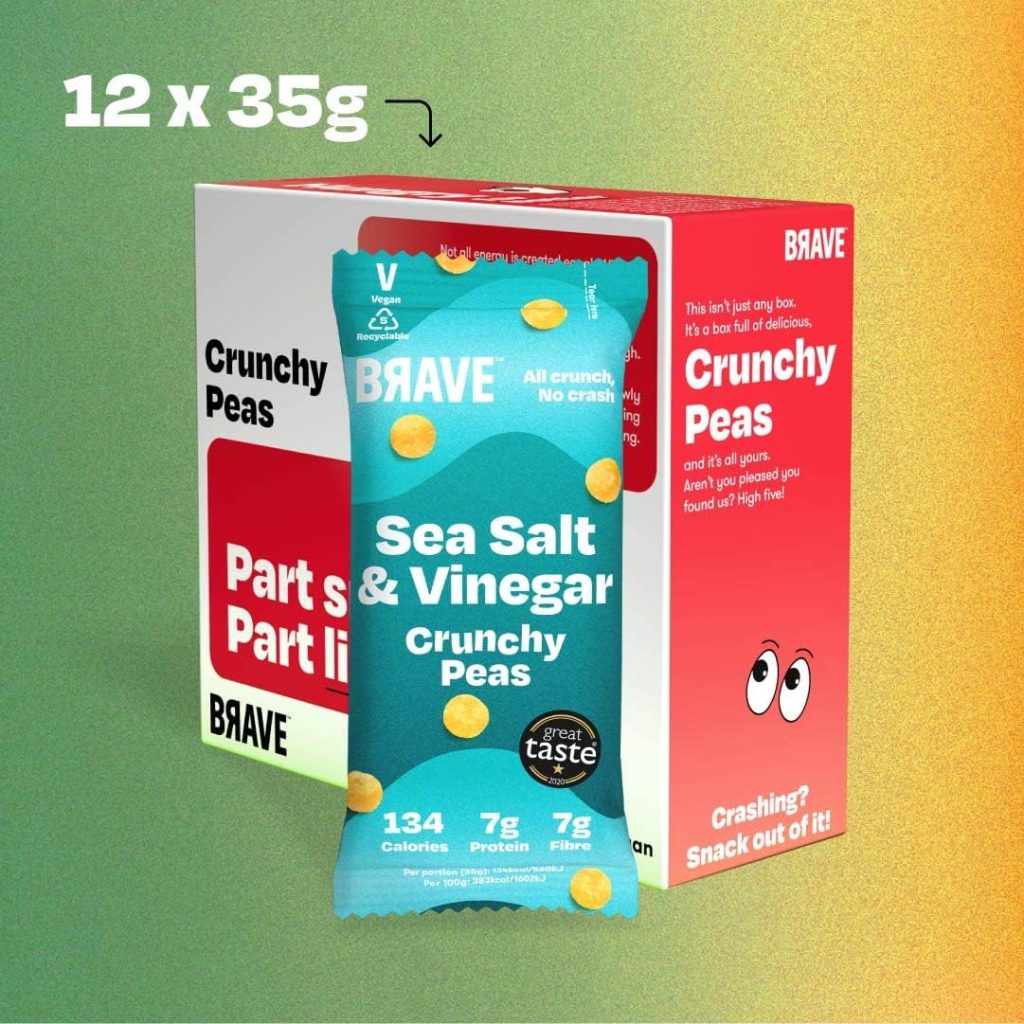 BRAVE Crunchy Peas: Sea Salt and Vinegar - Delicious Healthy Snacks - Vegan - High in Plant Protein  Fibre - Low Calorie - Plant-Based - No sugar - Box of 12 Packs (35g Each)