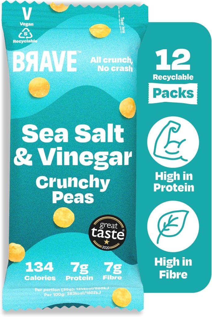 BRAVE Crunchy Peas: Sea Salt and Vinegar - Delicious Healthy Snacks - Vegan - High in Plant Protein  Fibre - Low Calorie - Plant-Based - No sugar - Box of 12 Packs (35g Each)