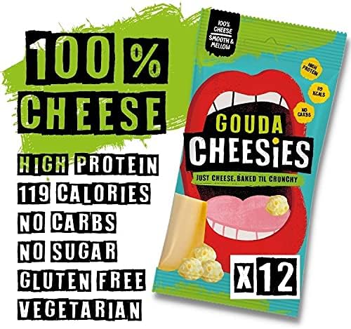 CHEESIES | Crunchy Cheese Keto Snack | Gouda | 100% Cheese | Sugar Free, Gluten Free, No Carb | High Protein and Vegetarian | Crunchy, Baked and Tasty | Multipack | 12 x 20g Bags