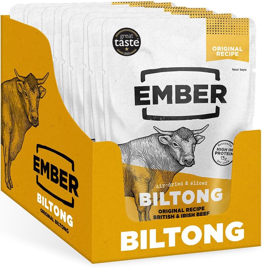 Ember Snacks: Biltong Beef Jerky Original Flavour (10 x 25g) - Protein Keto Snacks - On The Go Snack - from British and Irish Meat [WEIGHT MAY VARY BETWEEN 25G and 28G]
