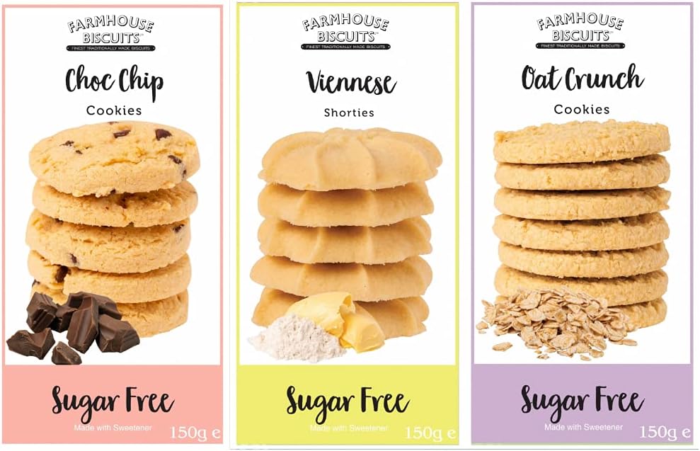 Farmhouse Biscuits Sugar Free Bundle | Pack of 3 | Chocolate Chip Cookies 150g x 1, Viennese Shorties 150g x 1, Oat Crunch Cookies 150g x 1