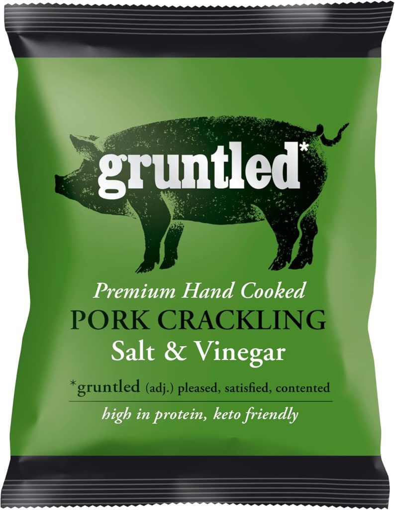 Gruntled Premium Pork Crackling Salt and Vinegar, Box, high Protein, Low carb, Keto, Gluten Free Pork Snacks, 800 g, (Pack of 20)