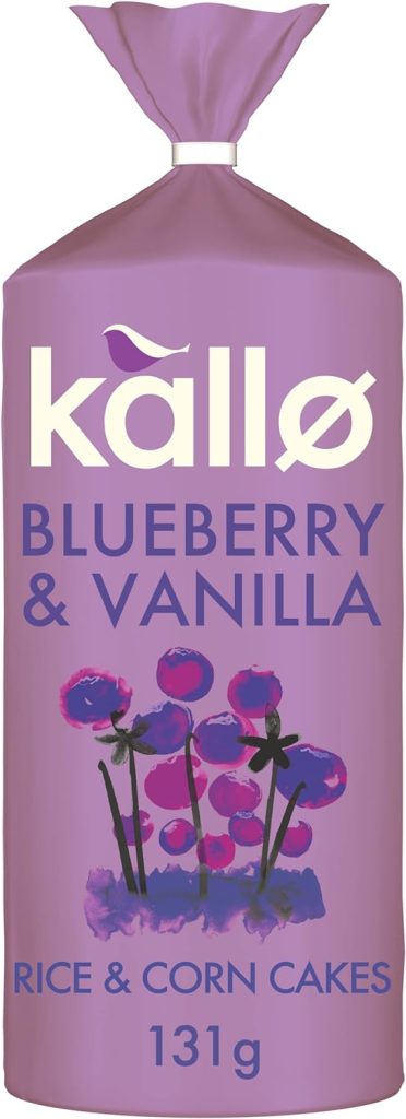 Kallo Blueberry  Vanilla Corn  Rice Cakes, Wholegrain Low Fat Healthy Snacks for Adults  Children, Vegan Friendly, Gluten Free, No Artificial Flavours or Preservatives, Single Pack – 1 x 131g