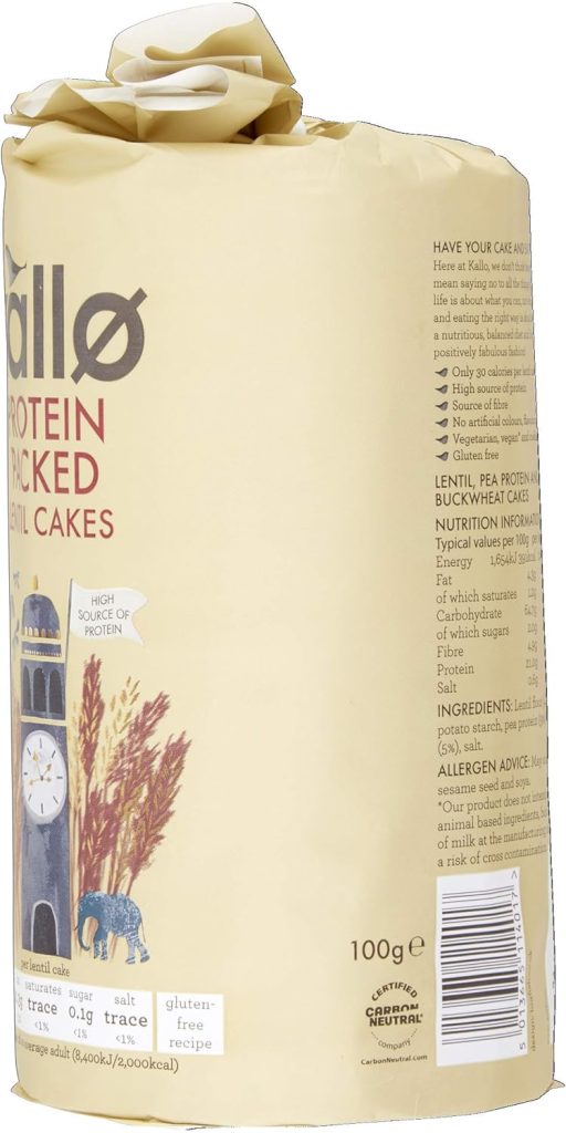 Kallo Protein Packed Lentil Cakes, Low Fat Healthy Snacks, Vegan  Coeliac Friendly, Gluten Free  Sugar Free with No Artificial Colours or Flavours, Single Pack – 1 x 100g