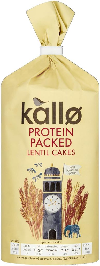 Kallo Protein Packed Lentil Cakes, Low Fat Healthy Snacks, Vegan  Coeliac Friendly, Gluten Free  Sugar Free with No Artificial Colours or Flavours, Single Pack – 1 x 100g