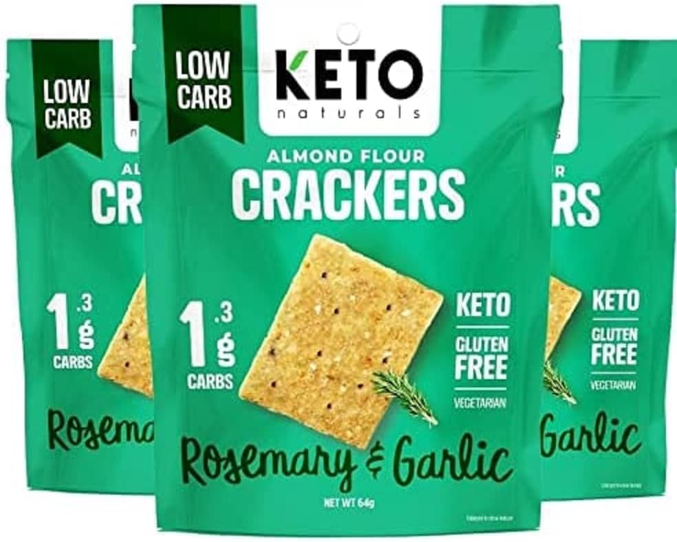 Keto Crackers (Rosemary  Garlic) low carb crackers, Keto Snacks, low carb snack. No added Sugar, high fibre  gluten free (3 x 64g Packs). Almond flour crackers, Keto snacks no carbs no sugar, paleo