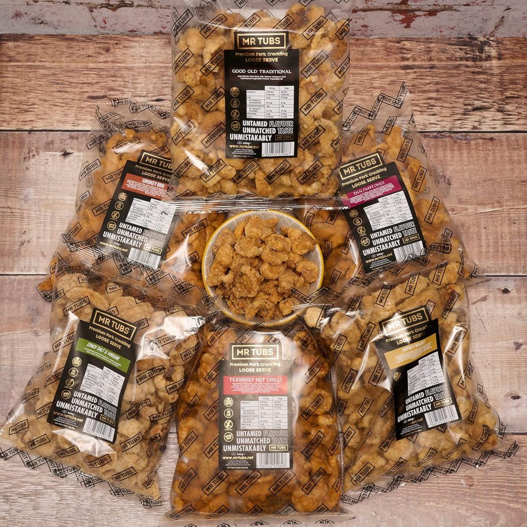 Mr Tubs Pork Crackling (250g Bag) - Gourmet Crackling, not Scratchings - Range of Flavours - Gluten Free, High Protein, Low Carb, Keto Friendly Pork Rind Meat Gift Snack - Teasingly Hot Chilli