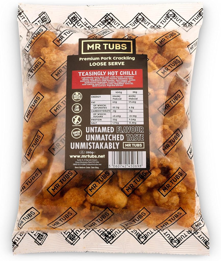 Mr Tubs Pork Crackling (250g Bag) - Gourmet Crackling, not Scratchings - Range of Flavours - Gluten Free, High Protein, Low Carb, Keto Friendly Pork Rind Meat Gift Snack - Teasingly Hot Chilli