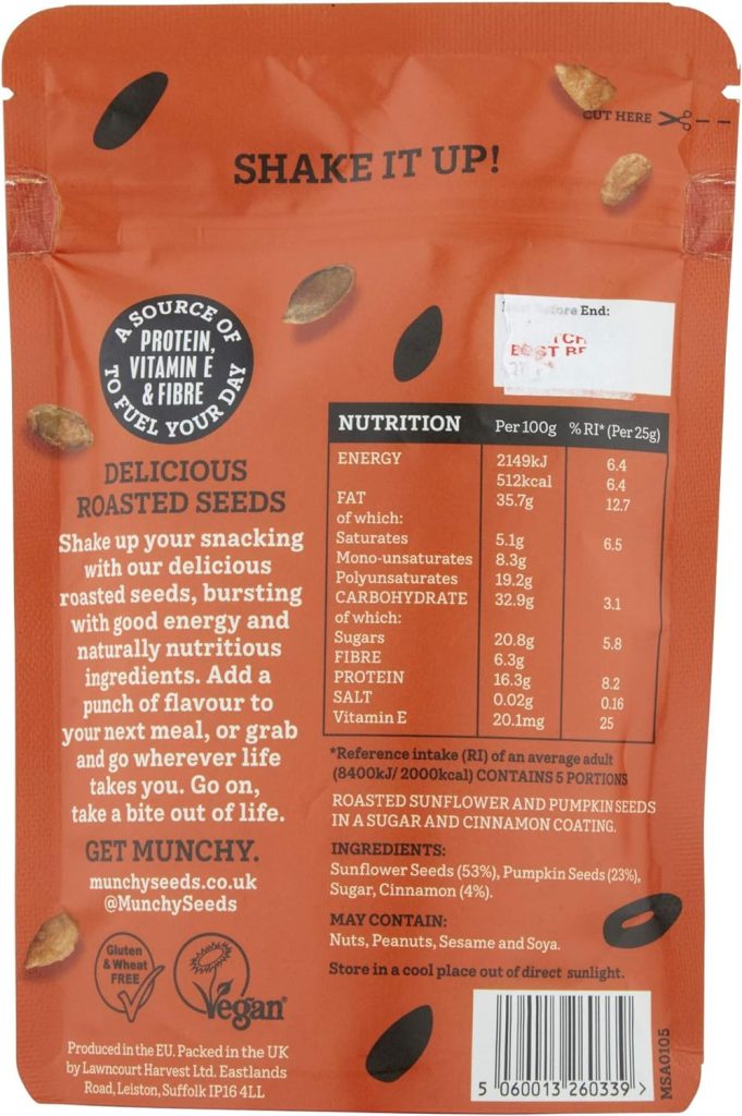 MUNCHY SEEDS Honey Roasted, Sweet Mix of Sunflower  Pumpkin Seed, Protein Snack, Source of Fibre  Vitamin E, Delicious Sweet Flavour, Gluten  Wheat-Free, Snacks for Kids  Adults - 125g