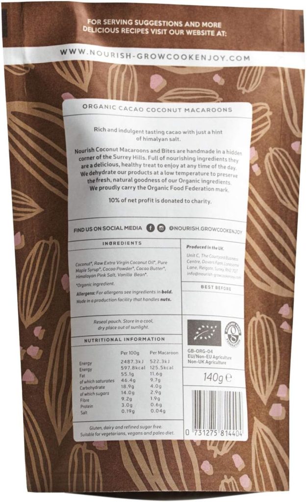 Nourish Organic Cacao Coconut Macaroons - Keto Snacks - Vegan, Gluten Free, Dairy Free Healthy Snacks Made with Natural Ingredients - 140g (Pack of 1)