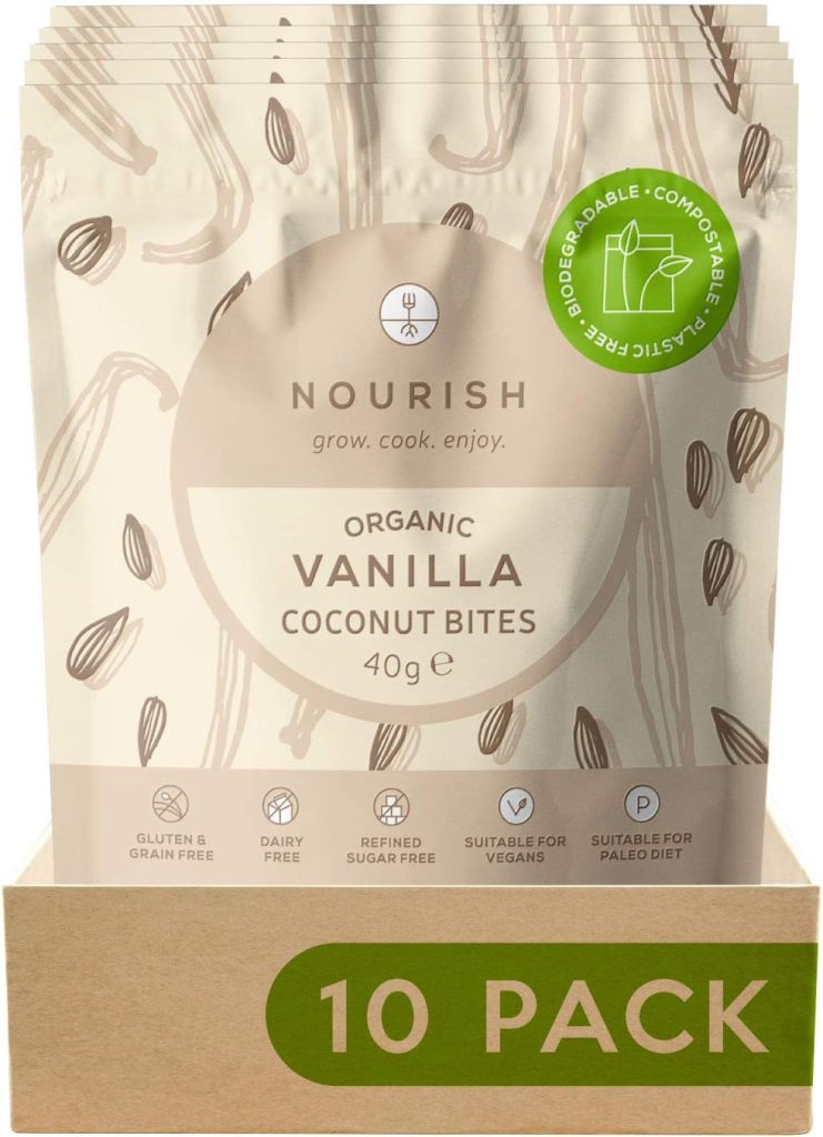 Nourish Organic Coconut Bites Tasting Box, Gluten Free, Dairy Free, Keto Snacks, 2 x Strawberry, 2 x Cacao, 1 x Vanilla x 40g