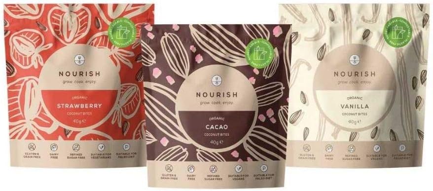 Nourish Organic Coconut Bites Tasting Box, Gluten Free, Dairy Free, Keto Snacks, 2 x Strawberry, 2 x Cacao, 1 x Vanilla x 40g