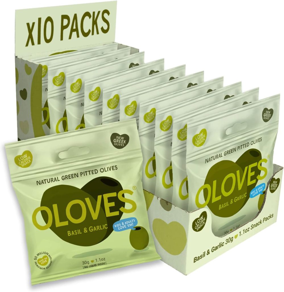 Oloves - Fresh Basil and Garlic, Green Pitted Olives - 10 x 30g Multipacks - 100% Natural, Vegan Friendly, Gluten-Free, Keto Friendly Olive Snack for a Lunchtime Health Kick