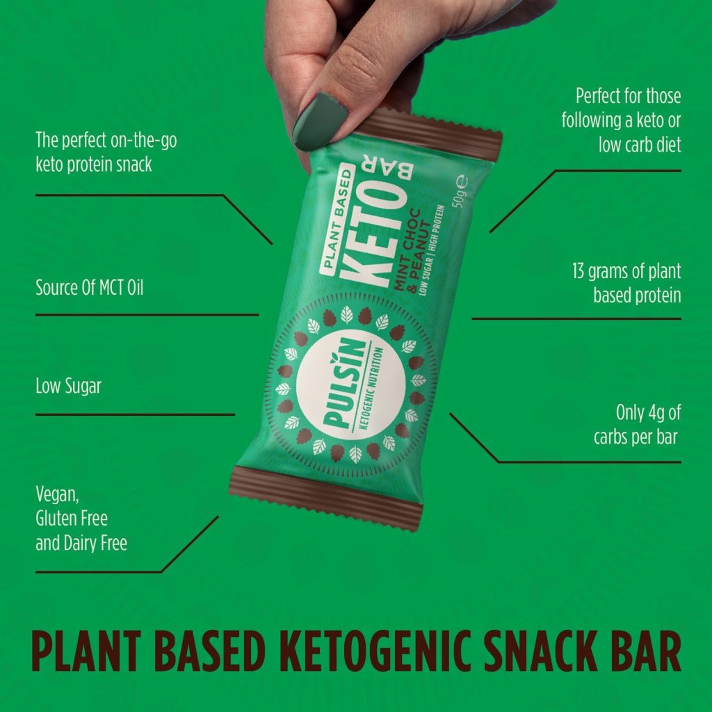 Pulsin - Plant Based Keto Protein Bars - Low Carb - 50g x12-12.7g Protein, 16.0g Fat, 8.5g Carbs - Gluten, Palm Oil  Dairy Free Snack Bar - Mint Choc