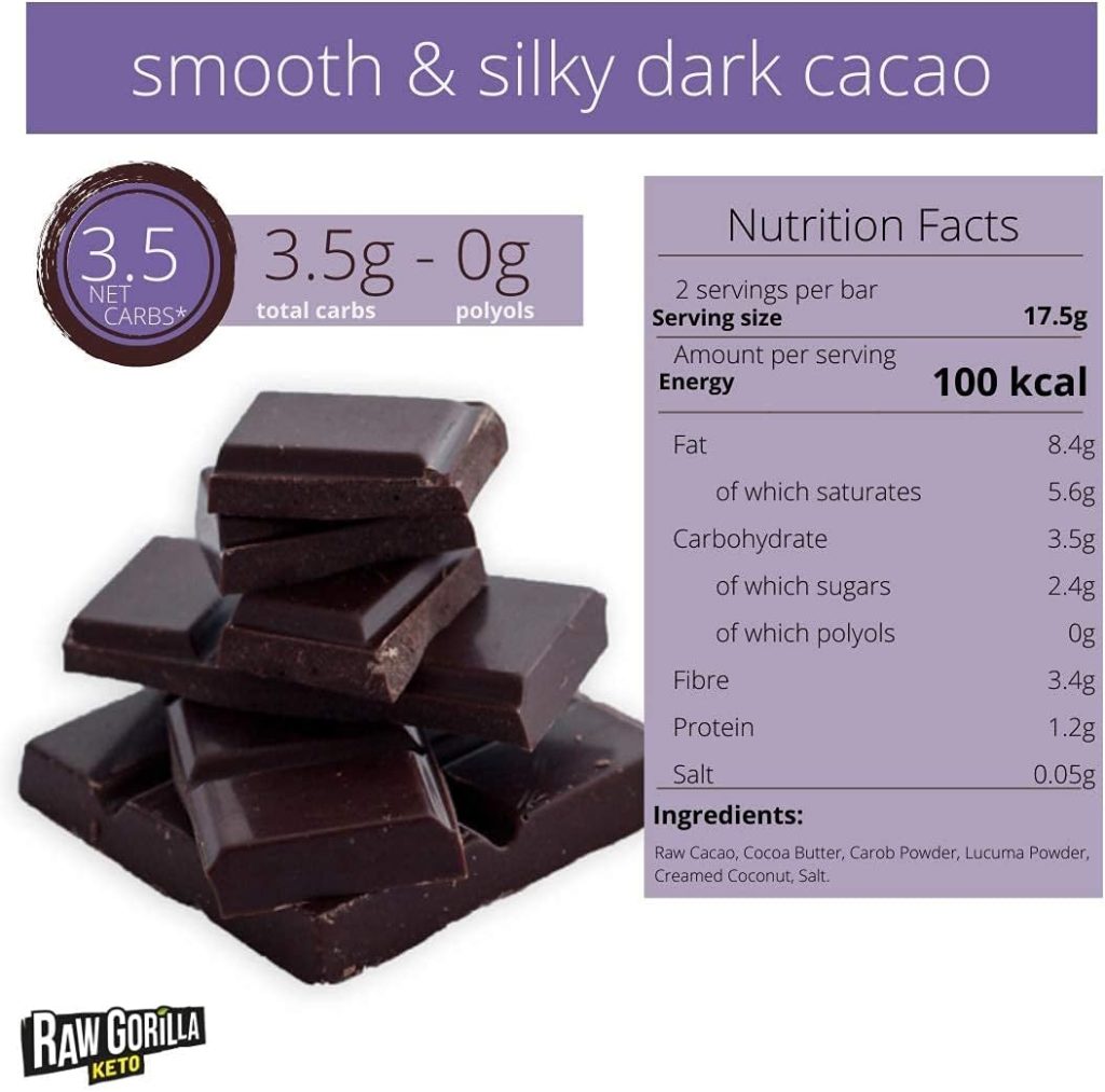 Raw Gorilla Chok, Smooth  Dark Cacao 35g, Pack of 10 Bars - A Certified Organic, Vegan Healthy Gluten Free Chocolate Keto Snack with No Added Sugar