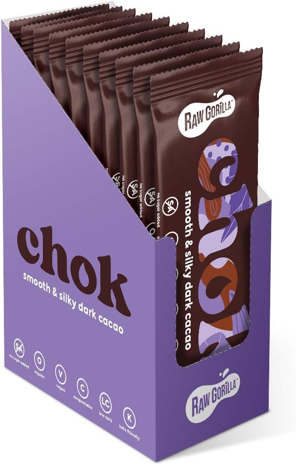 Raw Gorilla Chok, Smooth  Dark Cacao 35g, Pack of 10 Bars - A Certified Organic, Vegan Healthy Gluten Free Chocolate Keto Snack with No Added Sugar