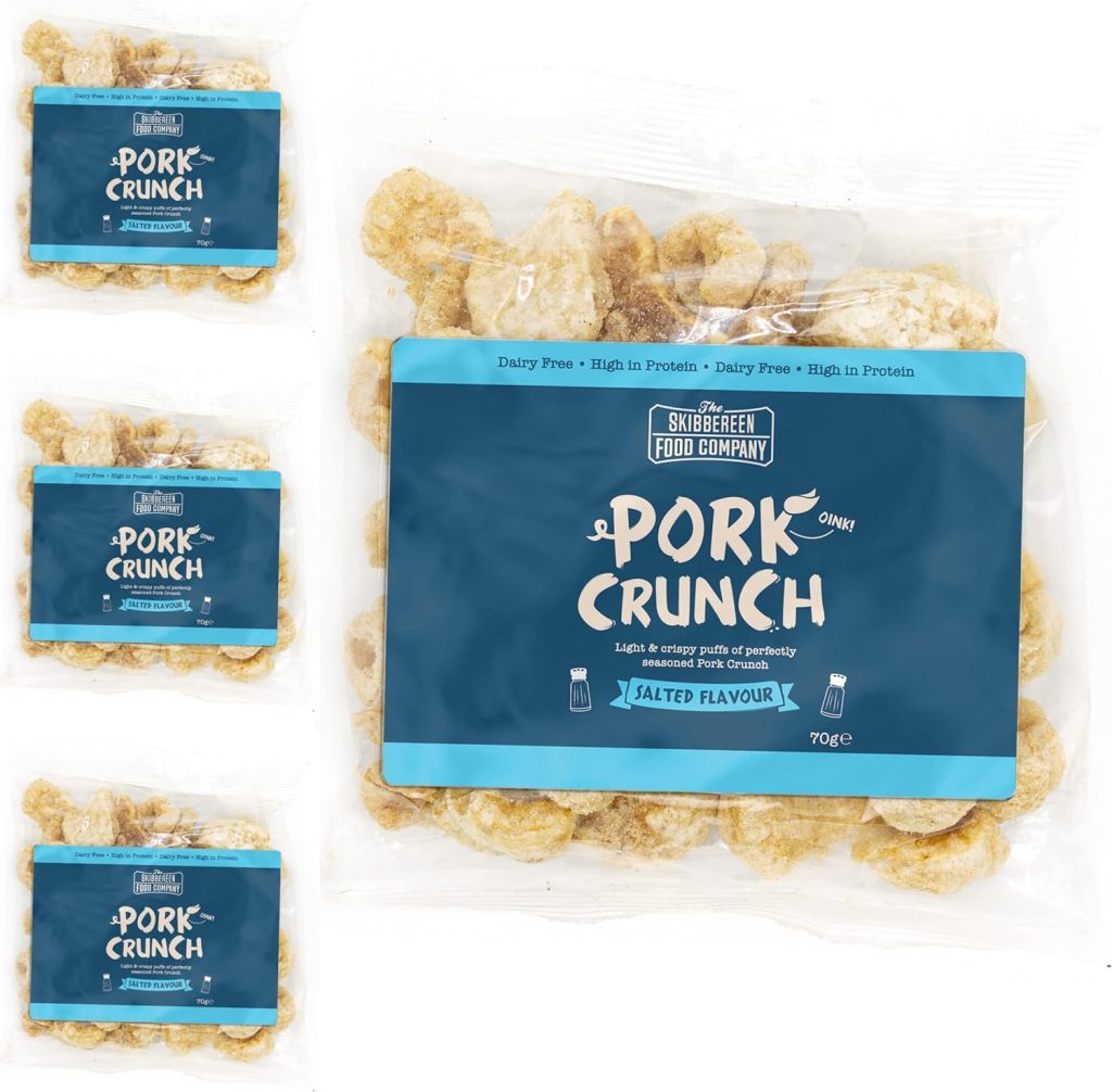 Skibbereen Salted Flavoured Pork Crunch - Deliciously Seasoned Crispy Pork Puffs - Guilt Free Low Carb  High Protein Snack - Keto Friendly - 4 x 70g Bags