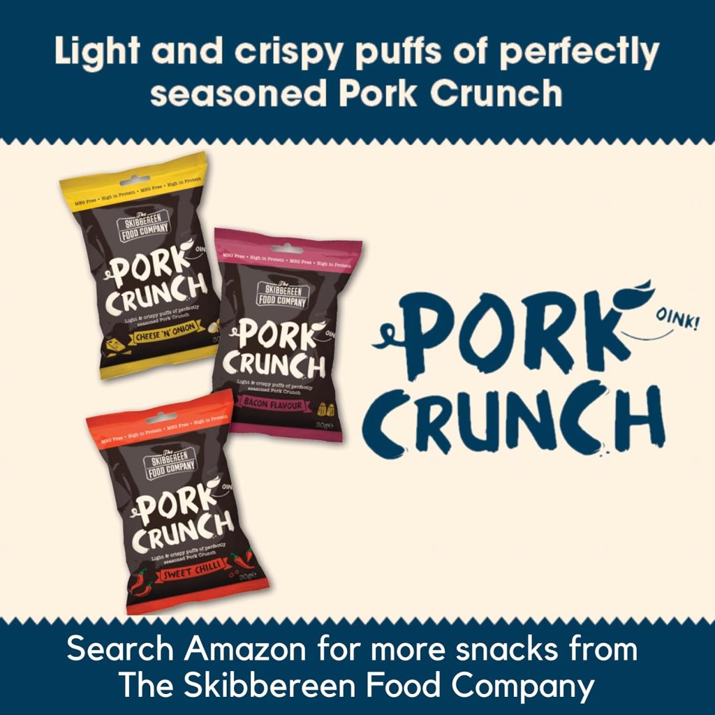 Skibbereen Salted Flavoured Pork Crunch - Deliciously Seasoned Crispy Pork Puffs - Guilt Free Low Carb  High Protein Snack - Keto Friendly - 4 x 70g Bags