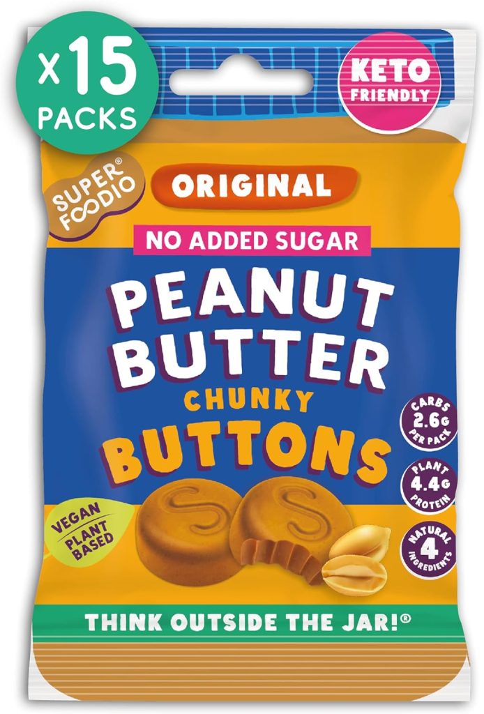 SUPERFOODIO Peanut Butter Buttons | No Added Sugar Original Flavour (Keto friendly) | Low Carb Snack  Vegan | All-Natural | Protein | Keto Snack (20g x 15 Packs)