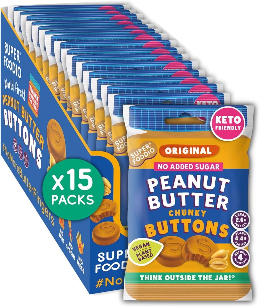 SUPERFOODIO Peanut Butter Buttons | No Added Sugar Original Flavour (Keto friendly) | Low Carb Snack  Vegan | All-Natural | Protein | Keto Snack (20g x 15 Packs)