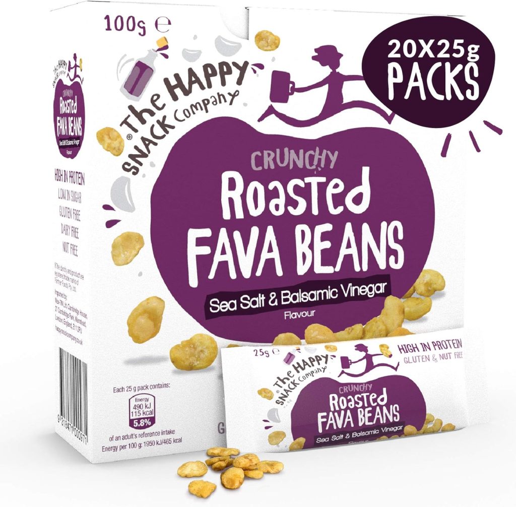 The Happy Snack Company Roasted Fava Beans, Sea Salt  Balsamic Vinegar Flavour Healthy Snacks, High Protein, Gluten Free Tasty Snacks, Vegan, 115 Calories, 25g Portion, Pack of 20.