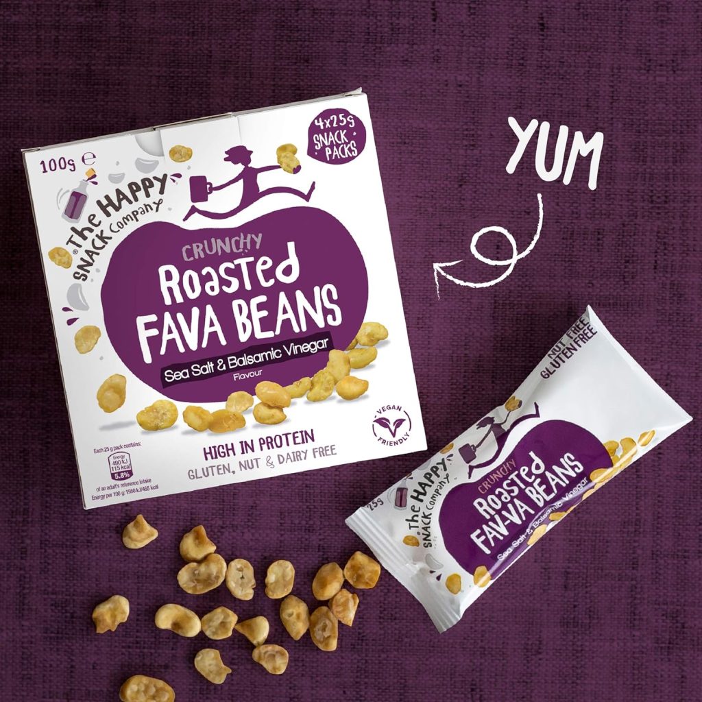 The Happy Snack Company Roasted Fava Beans, Sea Salt  Balsamic Vinegar Flavour Healthy Snacks, High Protein, Gluten Free Tasty Snacks, Vegan, 115 Calories, 25g Portion, Pack of 20.