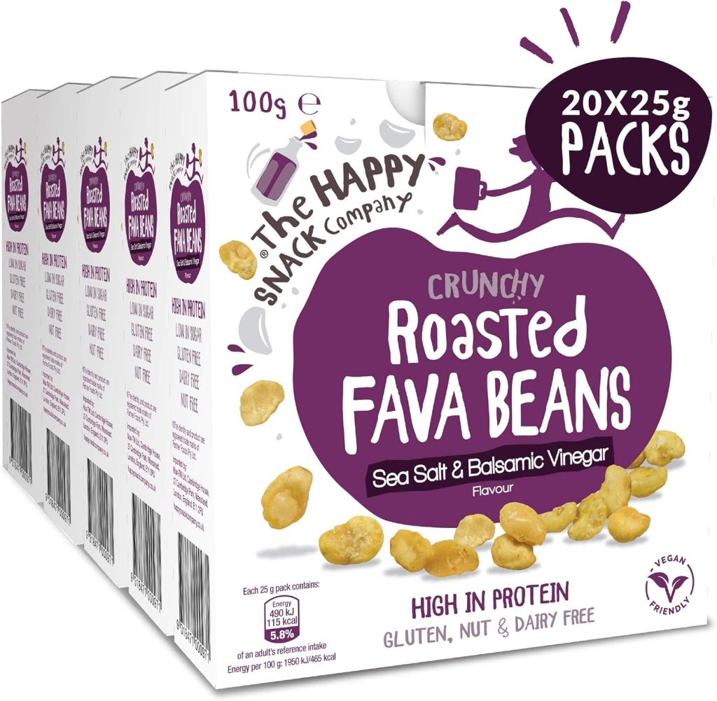 The Happy Snack Company Roasted Fava Beans, Sea Salt  Balsamic Vinegar Flavour Healthy Snacks, High Protein, Gluten Free Tasty Snacks, Vegan, 115 Calories, 25g Portion, Pack of 20.