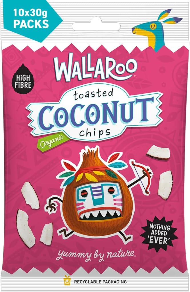 WALLAROO Organic Toasted Coconut Chips | 100% Coconut | No Sugar or Preservatives | High Fibre Vegan Keto Snack | Multipack 10x30g